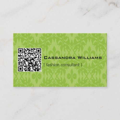 Bright Green Damask QR CODE Business Cards