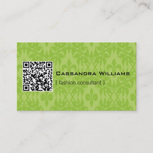 Customizable Bright Green Damask QR CODE Business Cards