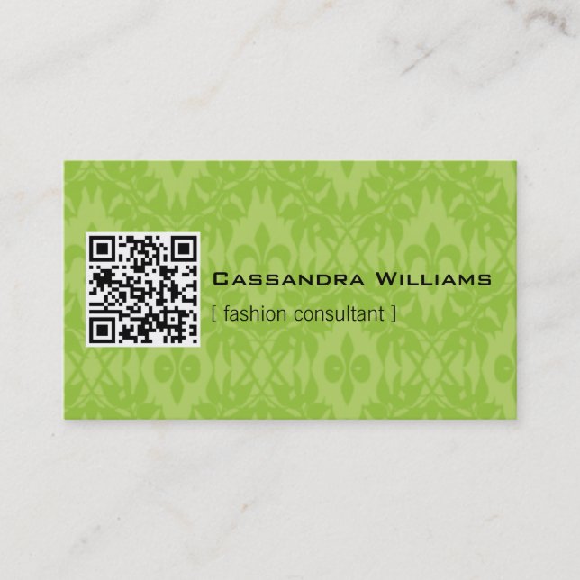 Bright Green Damask QR CODE Business Cards (Front)