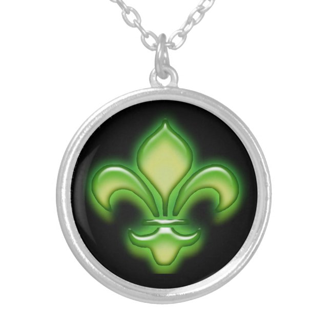 Bright Green Fleur de Lis on Black Silver Plated Necklace (Front)