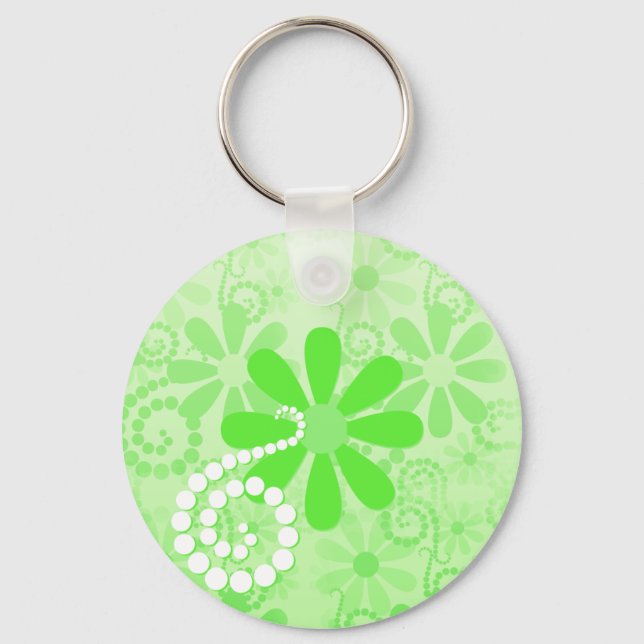 Bright Green Floral Cute Retro Daisy Flowers Keychain (Front)