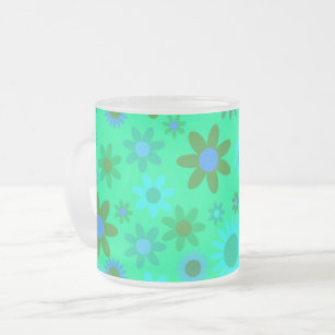 Bright Green Flower Power Pattern Frosted Glass Coffee Mug