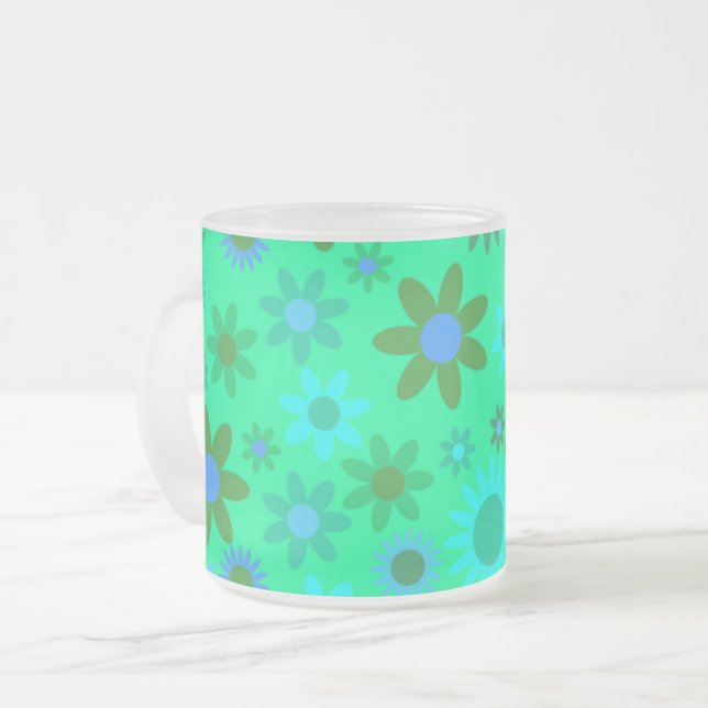 Bright Green Flower Power Pattern Frosted Glass Coffee Mug (Front Left)