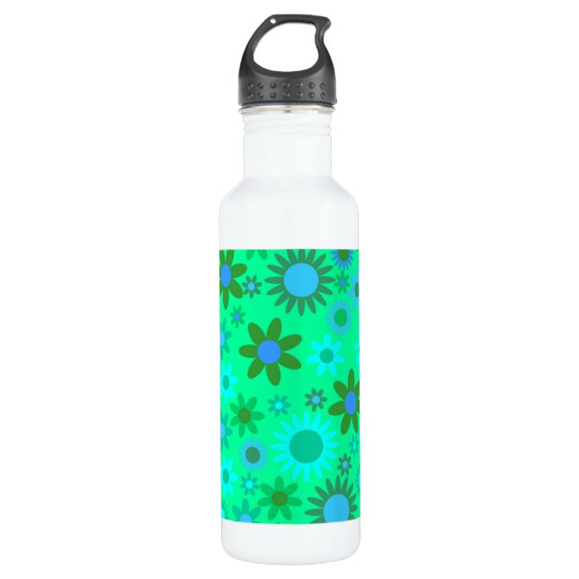 Bright Green Flower Power Pattern Stainless Steel Water Bottle (Front)