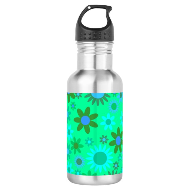 Bright Green Flower Power Pattern Stainless Steel Water Bottle (Front)