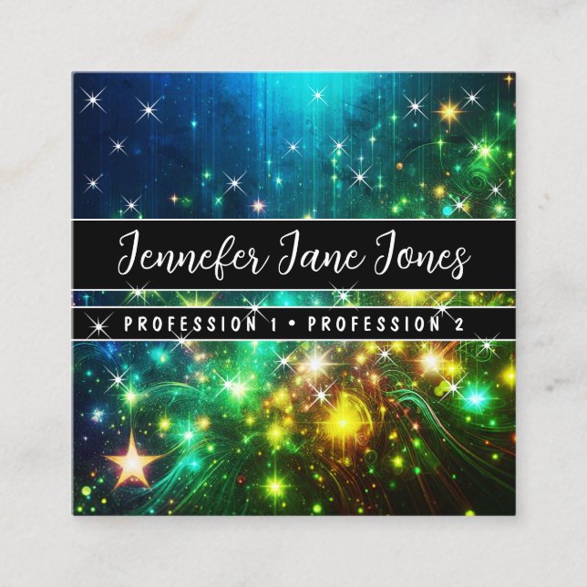 Bright Green Galaxy Nebula Glitter Rain Stars Square Business Card (Front)