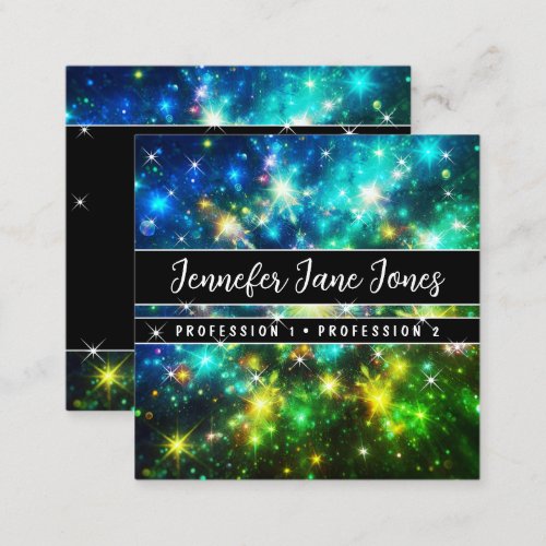 Bright Green Galaxy Nebula Glitter Stars     Square Business Card