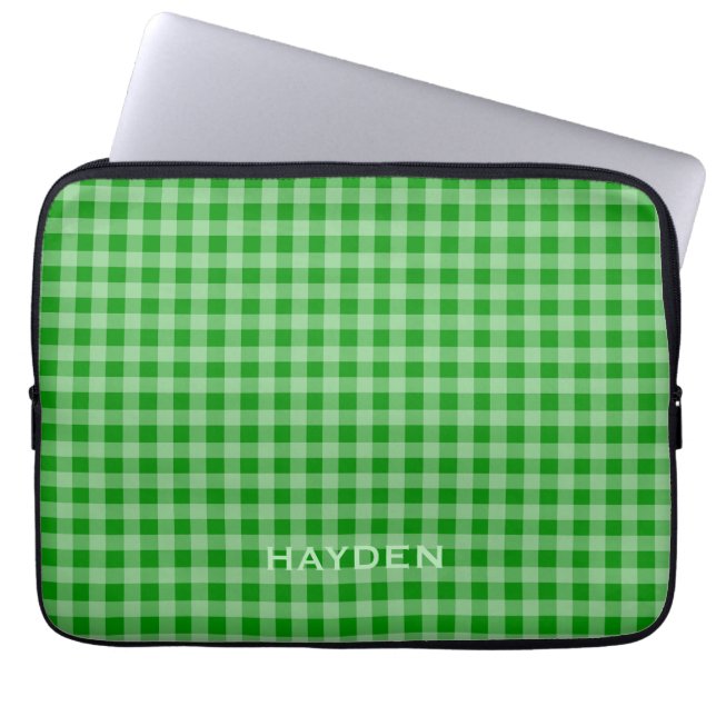 Bright Green Gingham Pattern Personalised Laptop Sleeve (Front)