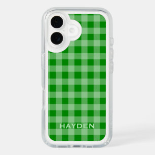 Bright Green Gingham Pattern Personalised iPhone 16 Case