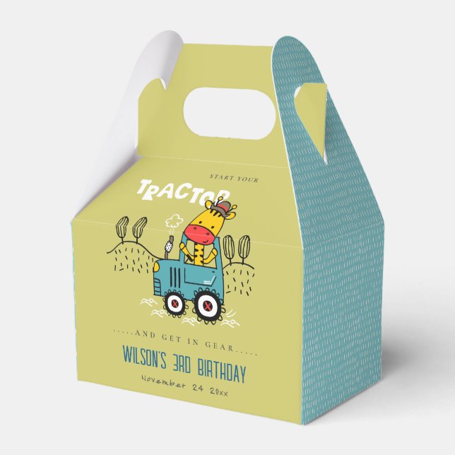 Bright Green Giraffe In Farm Tractor Boys Birthday Favor Boxes (Front Side)