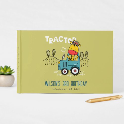 Bright Green Giraffe In Farm Tractor Boys Birthday Guest Book