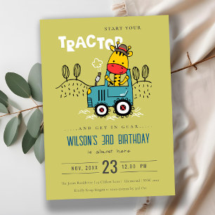 Bright Green Giraffe In Farm Tractor Boys Birthday Invitation