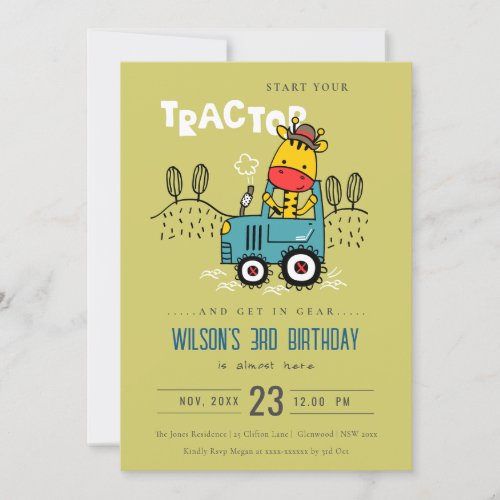 Bright Green Giraffe In Farm Tractor Boys Birthday Invitation