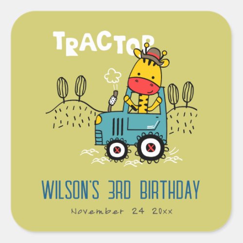 Bright Green Giraffe In Farm Tractor Boys Birthday Square Sticker