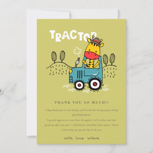 Bright Green Giraffe In Farm Tractor Boys Birthday Thank You Card