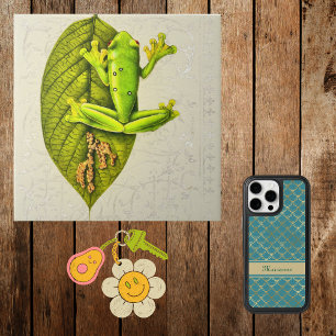 Bright Green Gliding Tree Frog on Vintage White Ceramic Tile