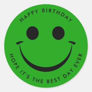 Bright Green Happy Face Birthday Classic Round Sticker