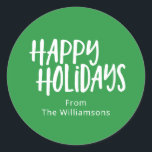 Bright Green Happy Holidays Custom Family Name Classic Round Sticker<br><div class="desc">Send your holiday cheer with a modern touch using these minimalist Happy Holidays round stickers in green. Featuring a clean and simple design, these classic stickers are personalized with your name for a sleek, festive look. Perfect for sealing holiday cards, gift tags, or party favors, these custom stickers add a...</div>