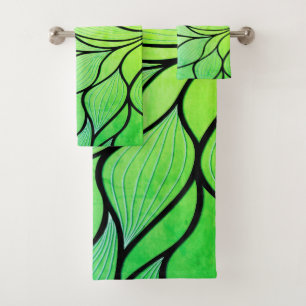 Bright Green Hues Creative Leave Pattern  Bath Towel Set