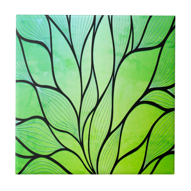 Bright Green Hues Creative Leave Pattern  Ceramic Tile (Front)