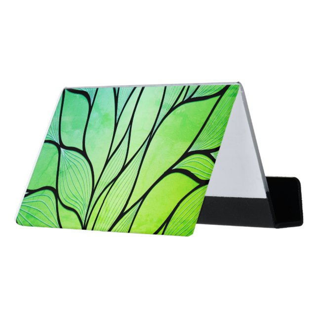Bright Green Hues Creative Leave Pattern  Desk Business Card Holder (Angled Back)