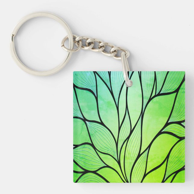 Bright Green Hues Creative Leave Pattern  Keychain (Front)