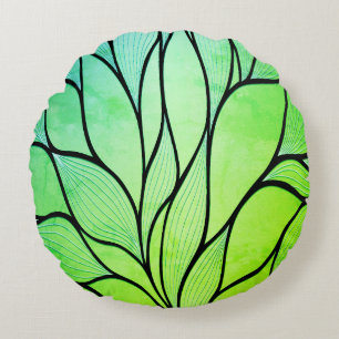 Bright Green Hues Creative Leave Pattern  Round Pillow