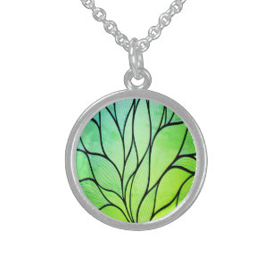 Bright Green Hues Creative Leave Pattern  Sterling Silver Necklace