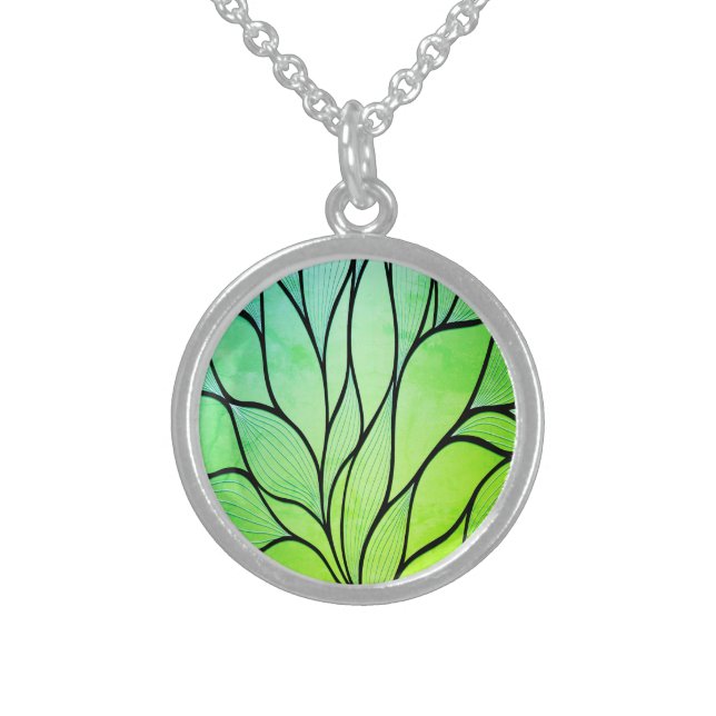 Bright Green Hues Creative Leave Pattern  Sterling Silver Necklace (Front)