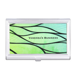 Bright Green Hues Creative Leave Pattern w Name Business Card Case