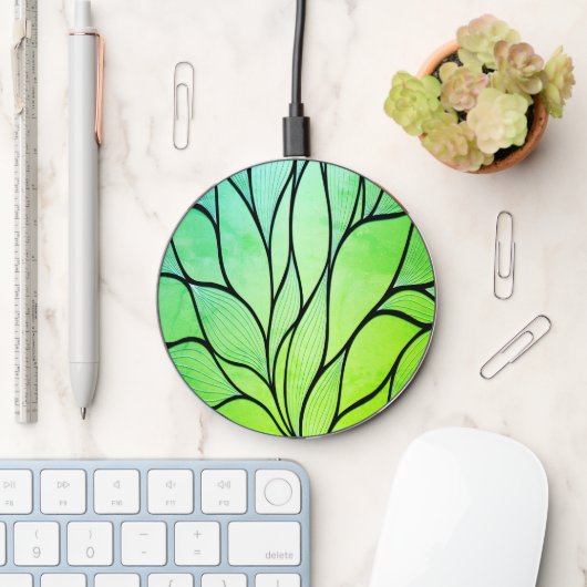 Bright Green Hues Creative Leave Pattern Wireless Charger (Desk)