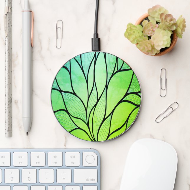 Bright Green Hues Creative Leave Pattern  Wireless Charger (Desk)
