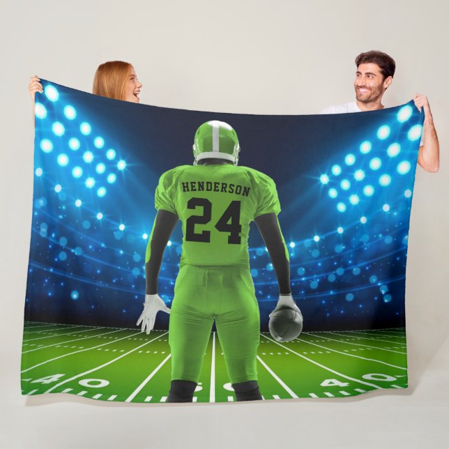 Bright Green Jersey Personalized Football Player Fleece Blanket (In Situ)