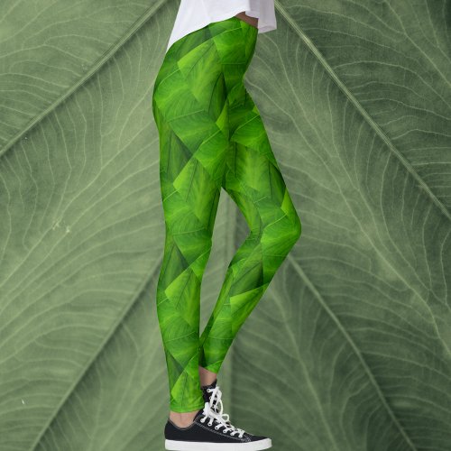 Bright Green Leaves Nature Pattern Leggings