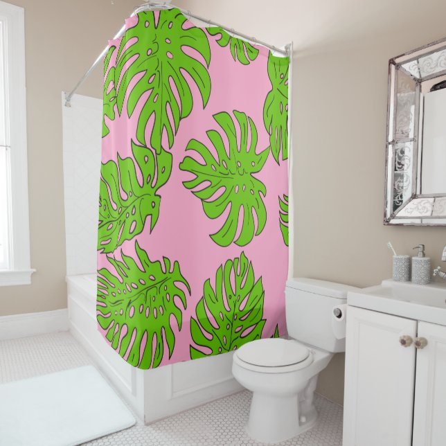 Bright Green Leaves Pattern on Pink Shower Curtain (In Situ)