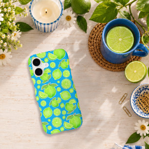 Bright Green Limes on Blue Citrus Pattern iPhone 17 Case