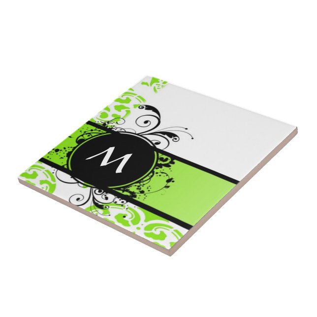 Bright green monogram pattern ceramic tile (Side)