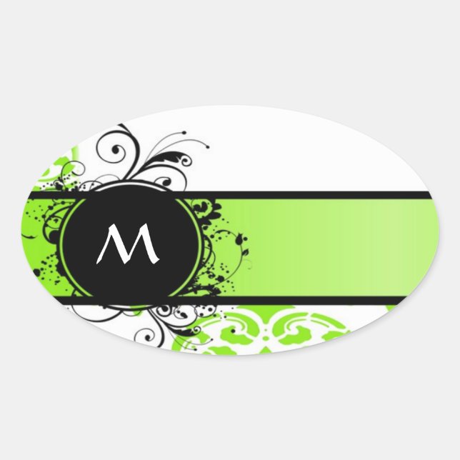 Bright green monogram pattern oval sticker (Front)