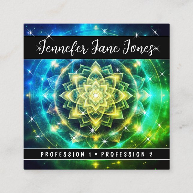 Bright Green Mystic Floral Nebula Glitter Stars Square Business Card (Front)