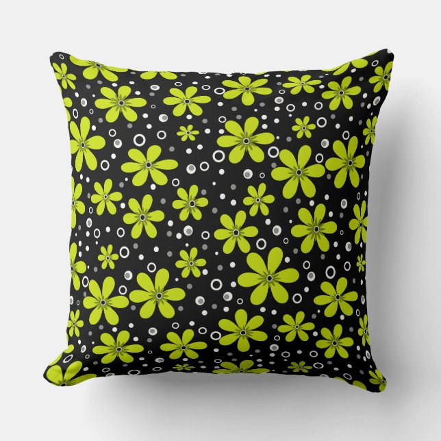 Bright green neon floral pattern on black backgrou throw pillow (Front)