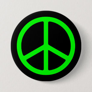Bright Green Peace Sign on Black Pinback Button