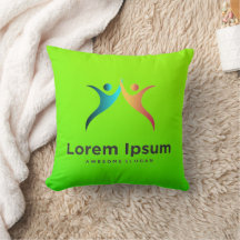 Bright green pillow with colorful abstract figures