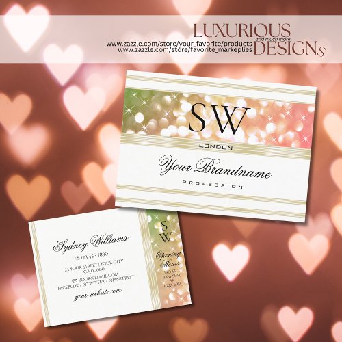 Bright Green Pink Glitter White and Gold Monogram  Business Card