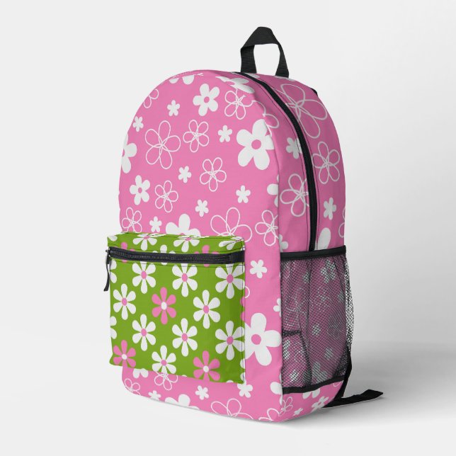 BRIGHT GREEN PINK WHITE GROOVY DAISY FLOWERS PRINTED BACKPACK (Back Corner Right)