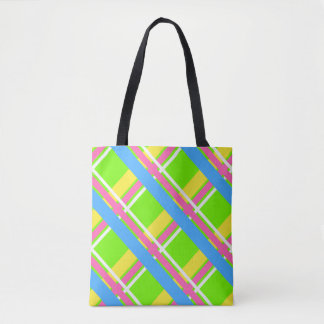 Bright green, pink, yellow, and blue plaid tote bag