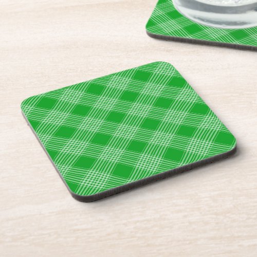 Bright Green Plaid Checked Pattern Beverage Coaster