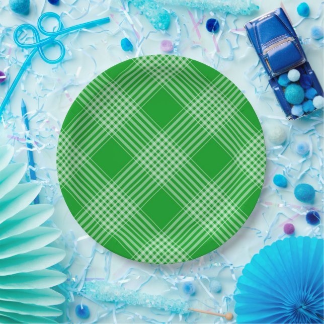 Bright Green Plaid Checked Pattern Paper Plates (Party)