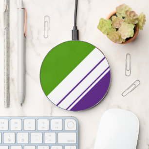 Bright Green Purple Diagonal White Racing Stripes Wireless Charger