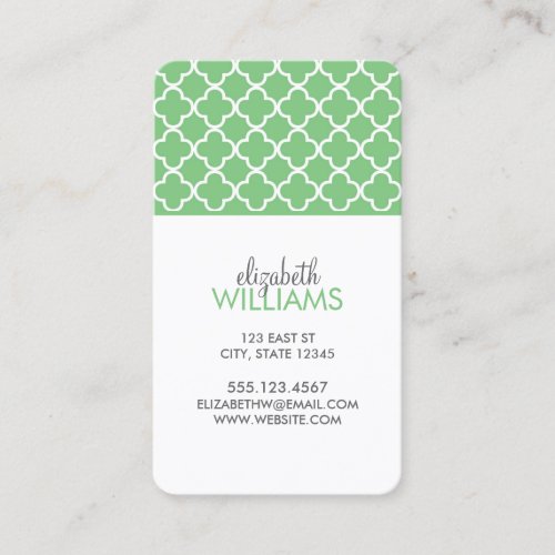 Grass Green Moroccan Quatrefoil Pattern Business Card