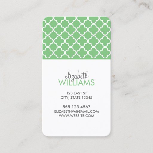 Customizable Grass Green Moroccan Quatrefoil Pattern Business Card